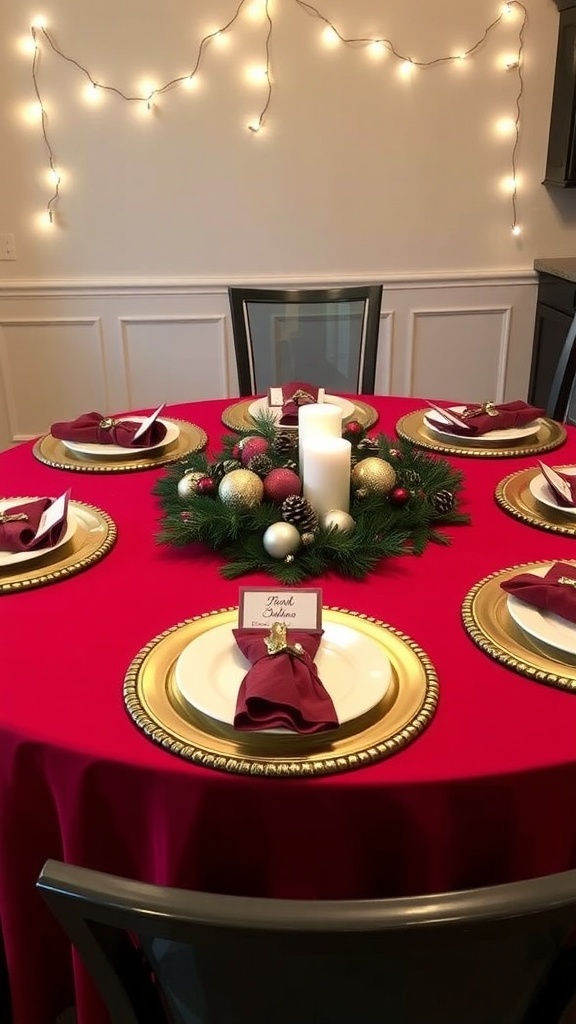 Elegant Christmas Table Decorations for Six Elegant Christmas table setting for six with red tablecloth, gold accents, candles, and festive decorations.